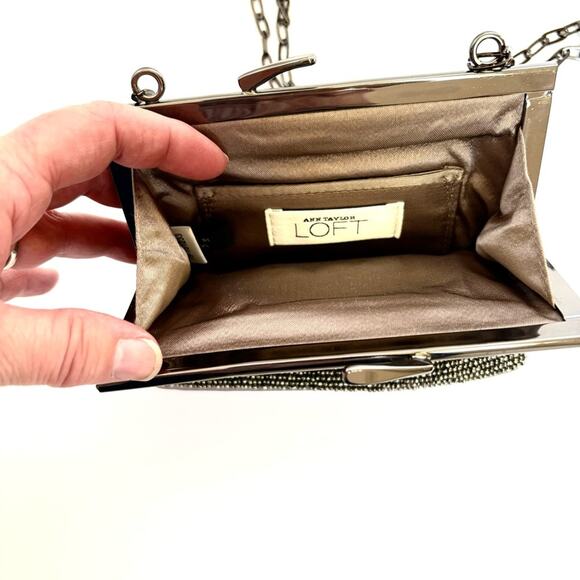 Gold Sequin Evening Bag, Beaded Clutch, Taupe Fabric, Chain Strap, 5 x 6 - Picture 6 of 9